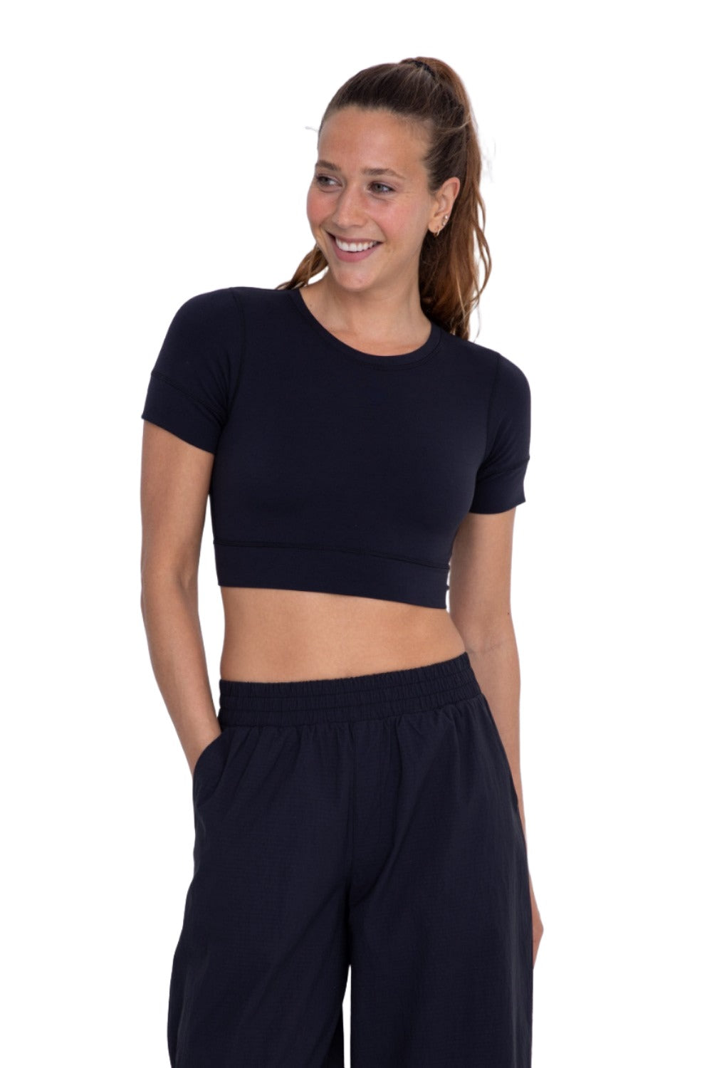 Mono B Crop Short Sleeve Peek Back Top AT-A0534 - Black - Front View