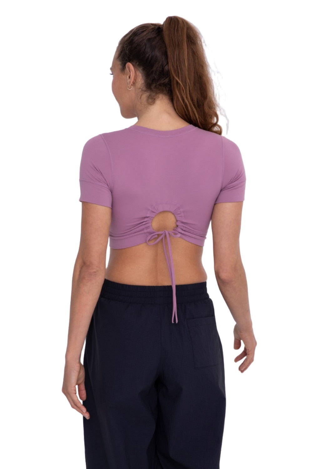 Mono B Crop Short Sleeve Peek Back Top AT-A0534 - Mauve - Back View