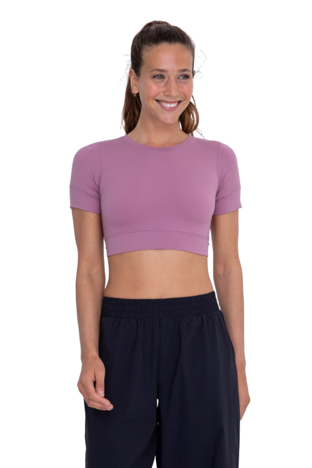 Mono B Crop Short Sleeve Peek Back Top AT-A0534 - Mauve - Front View