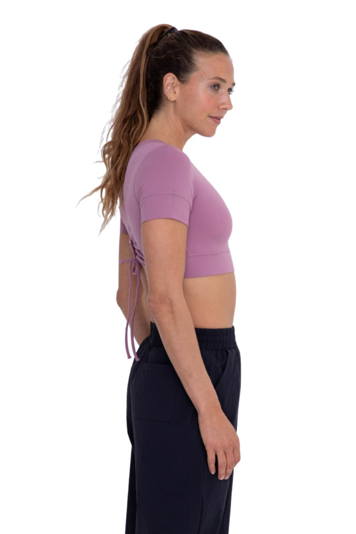 Mono B Crop Short Sleeve Peek Back Top AT-A0534 - Mauve - Side View