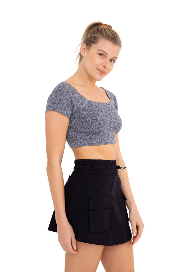 Mono B Cap Sleeve Crop Mesh Tee AT-A054 - Grey - Side View