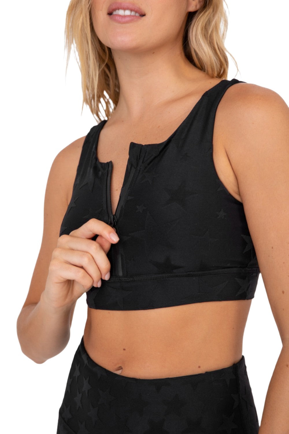 Mono B Seeing Stars Zip Sports Bra AT-A0667 Plus Too - Black - Front Rear View