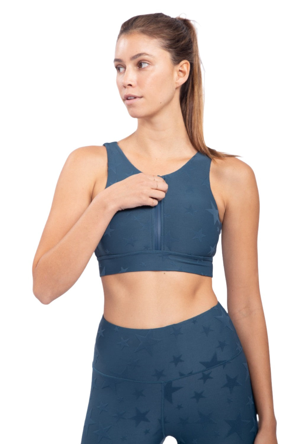 Mono B Seeing Stars Zip Sports Bra AT-A0667 Plus Too - Midnight Navy - Front View