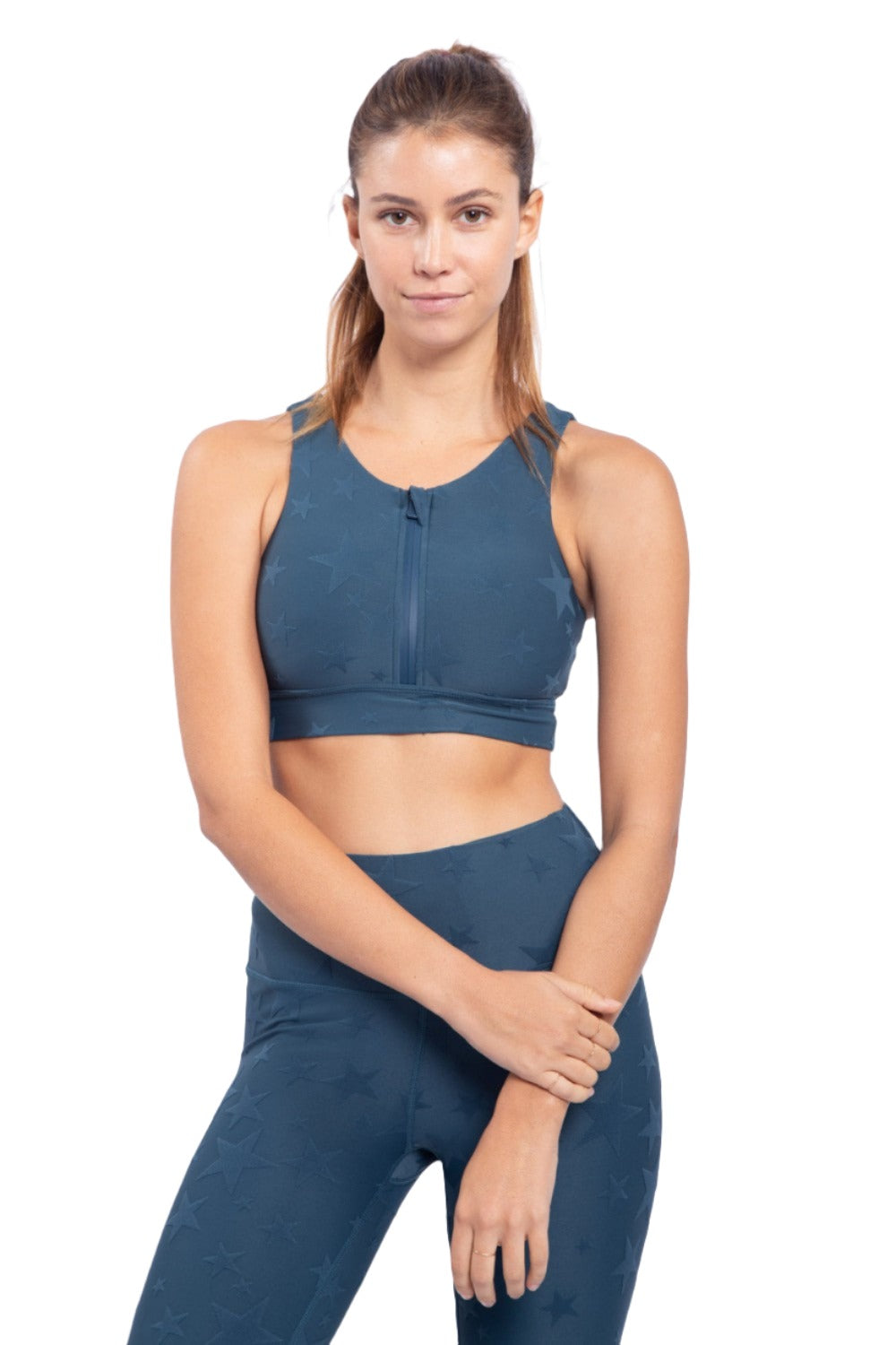 Mono B Seeing Stars Zip Sports Bra AT-A0667 Plus Too - Midnight Navy - Front View