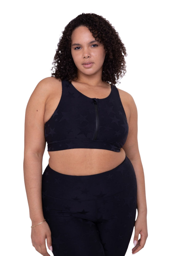 Mono B Seeing Stars Zip Sports Bra AT-A0667 Plus Too - Black - Front View