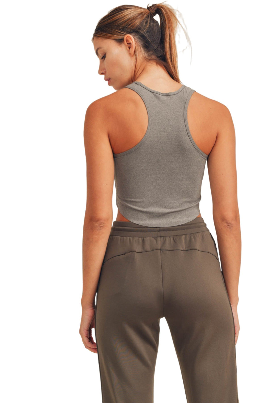 Mono B Marled Raw Hem Crop Top AT-A067 - Peanut - Back View