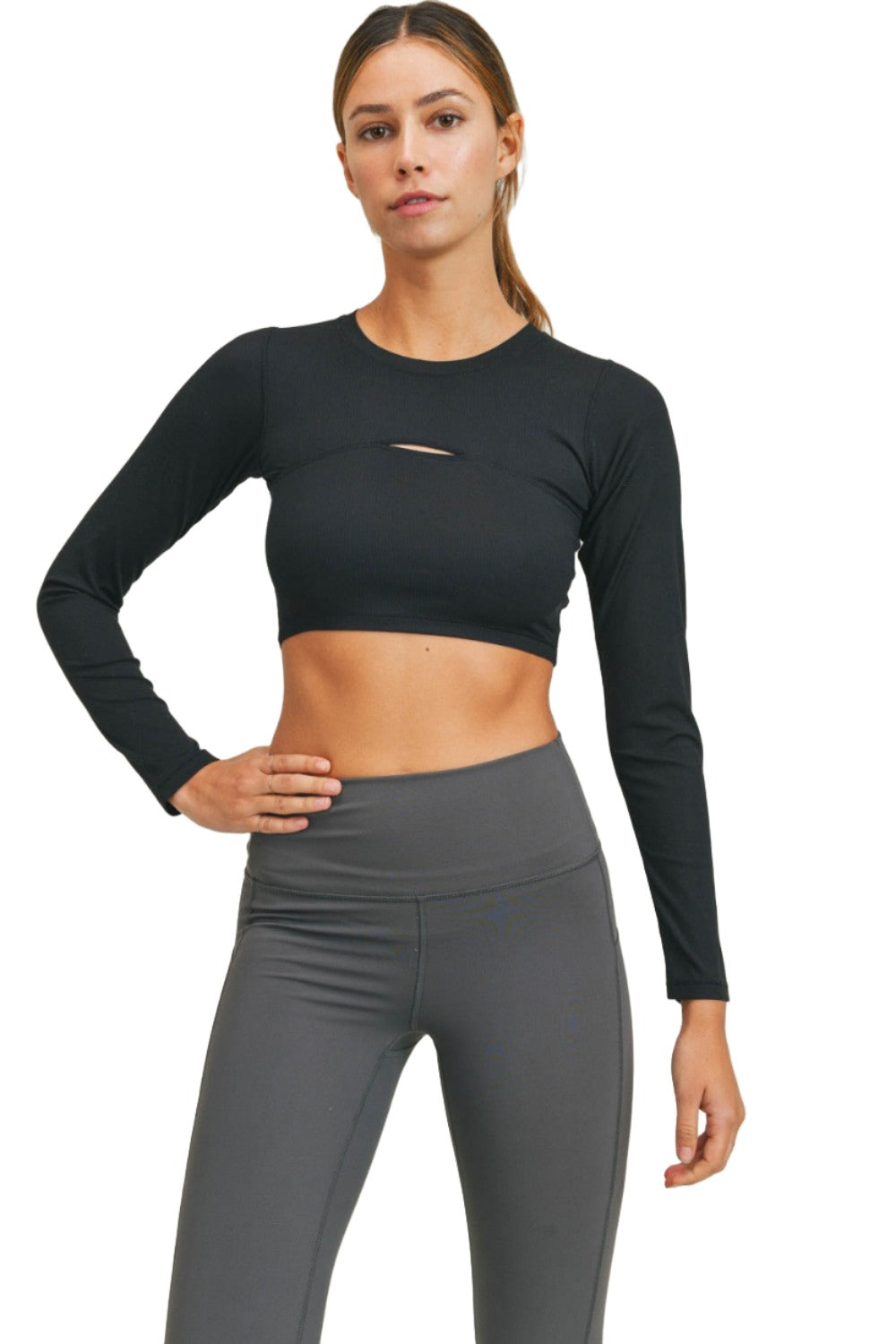 Mono B Long Sleeve Slit Crop Top AT-A0690 - Black - Front View