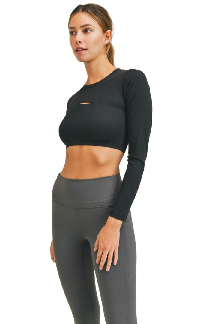 Mono B Long Sleeve Slit Crop Top AT-A0690 - Black - Front View