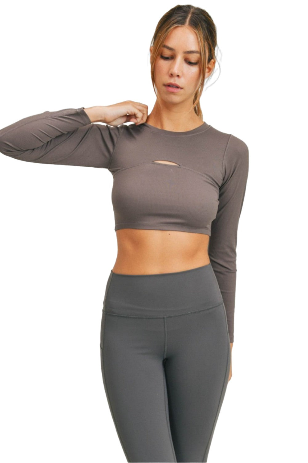 Mono B Long Sleeve Slit Crop Top AT-A0690 - Cocoa - Front View2