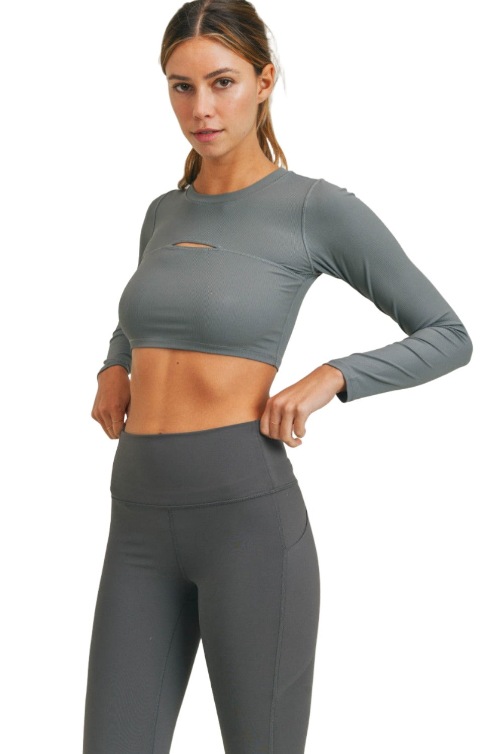Mono B Long Sleeve Slit Crop Top AT-A0690 - Dark Sage - Front View