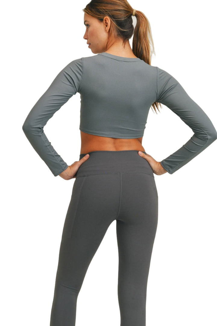 Mono B Long Sleeve Slit Crop Top AT-A0690 - Dark Sage - Back View