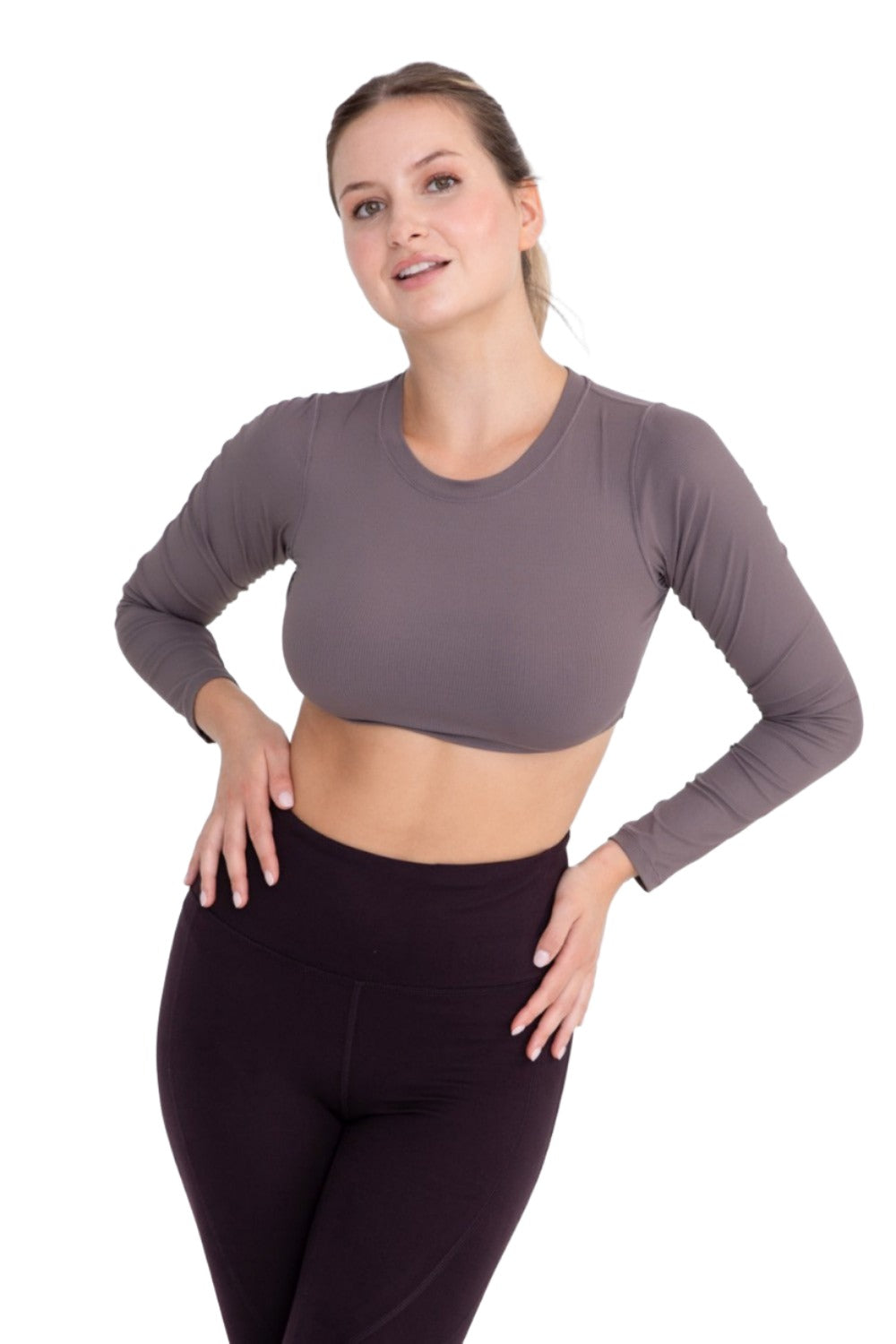 Mono B Long Sleeve Crop Top AT-A0691 - Cocoa - Front View