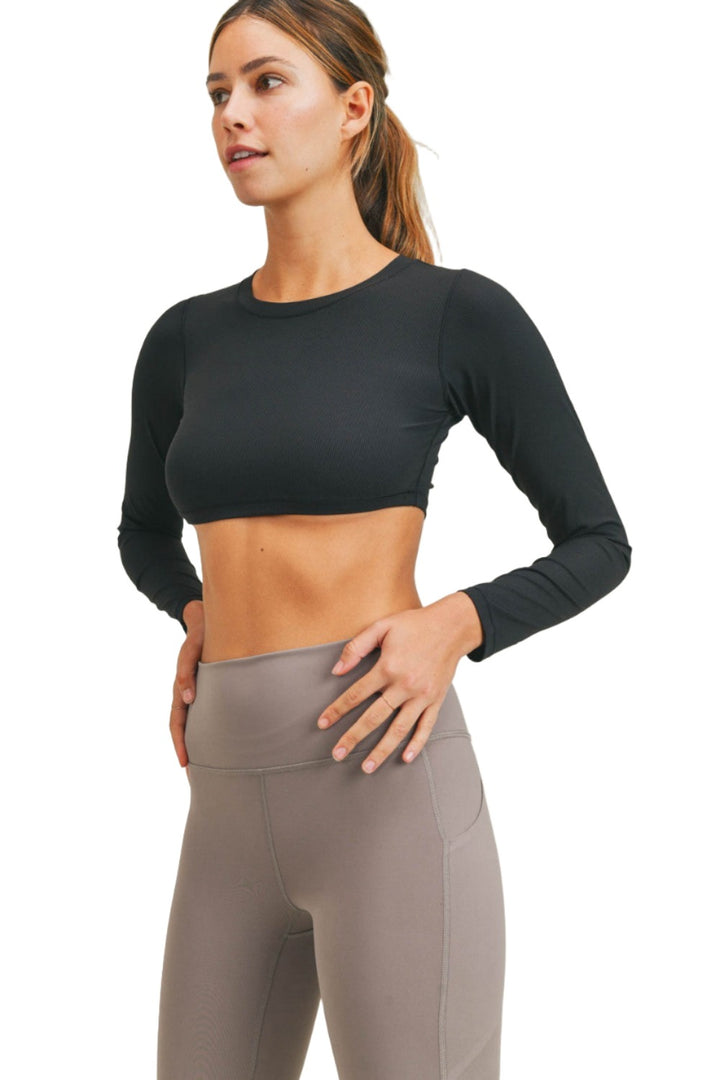 Mono B Long Sleeve Crop Top AT-A0691 - Black - Front Side View