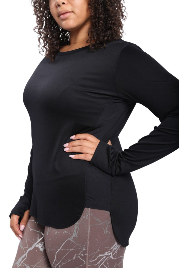 Mono B Meshy Back Long Sleeve Top AT-A0761 and Plus - Black - Side View
