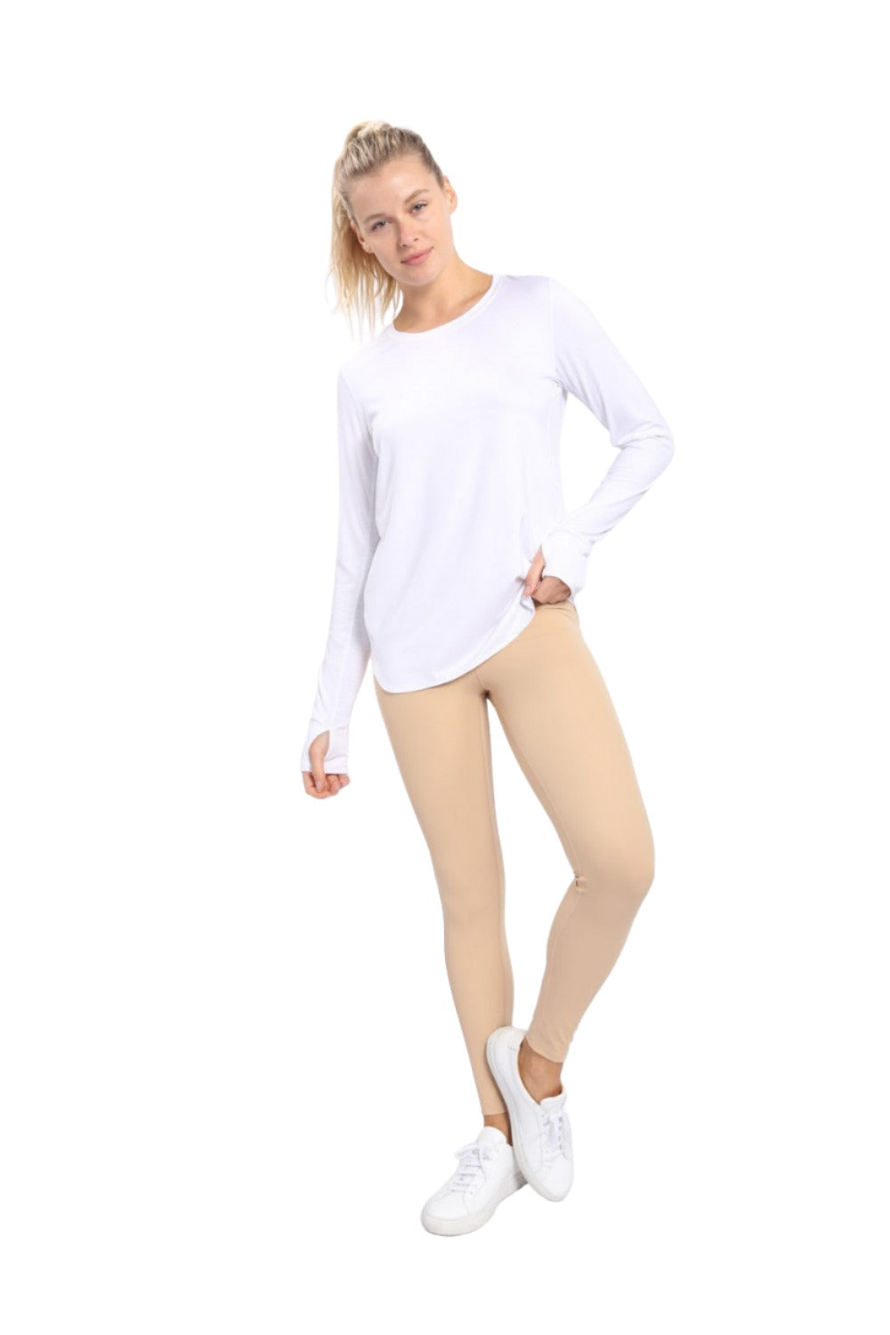 Mono B Meshy Back Long Sleeve Top AT-A0761 and Plus - White - Front Full View