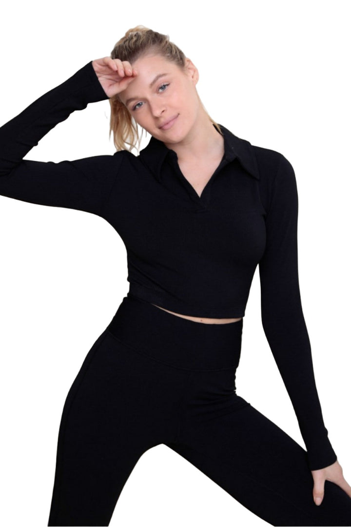 Mono B Rib Crop Polo Long Sleeve AT-A08156 - Black - Front View