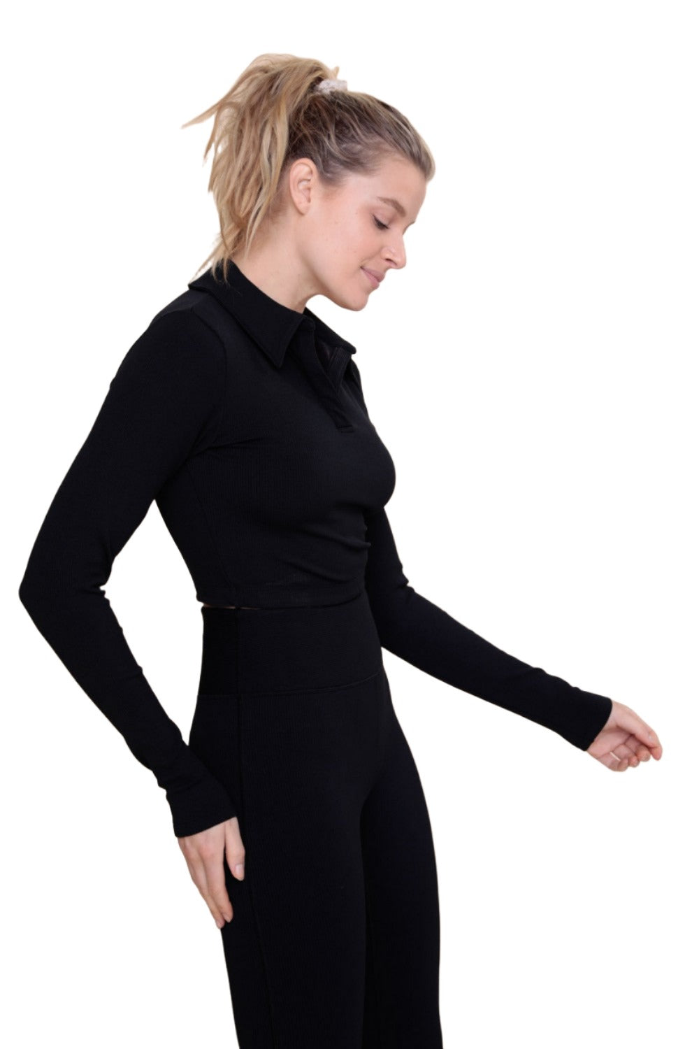 Mono B Rib Crop Polo Long Sleeve AT-A08156 - Black - Side View