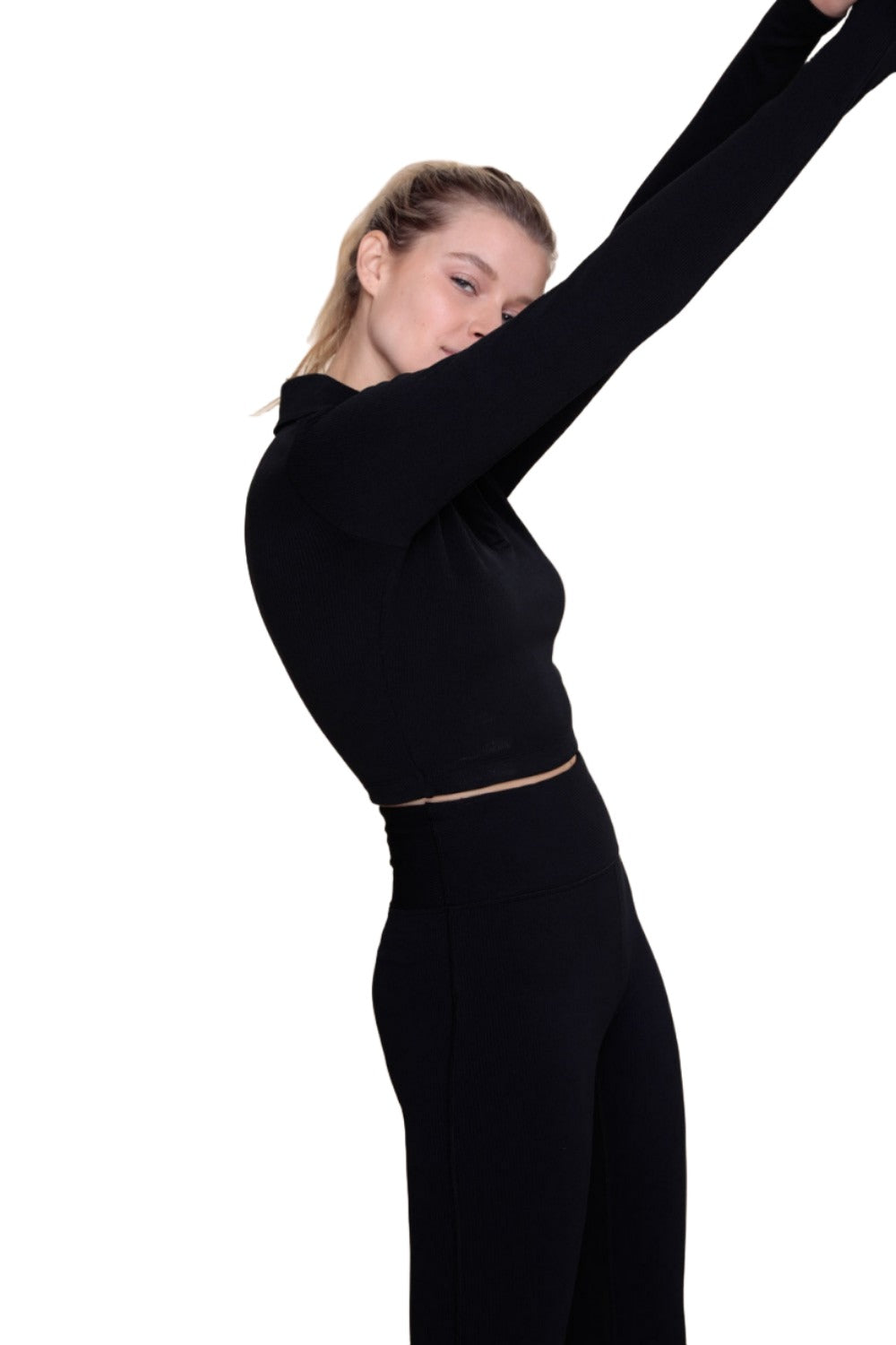 Mono B Rib Crop Polo Long Sleeve AT-A08156 - Black - Side View2