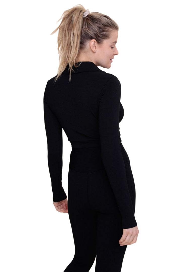 Mono B Rib Crop Polo Long Sleeve AT-A08156 - Black - Back View
