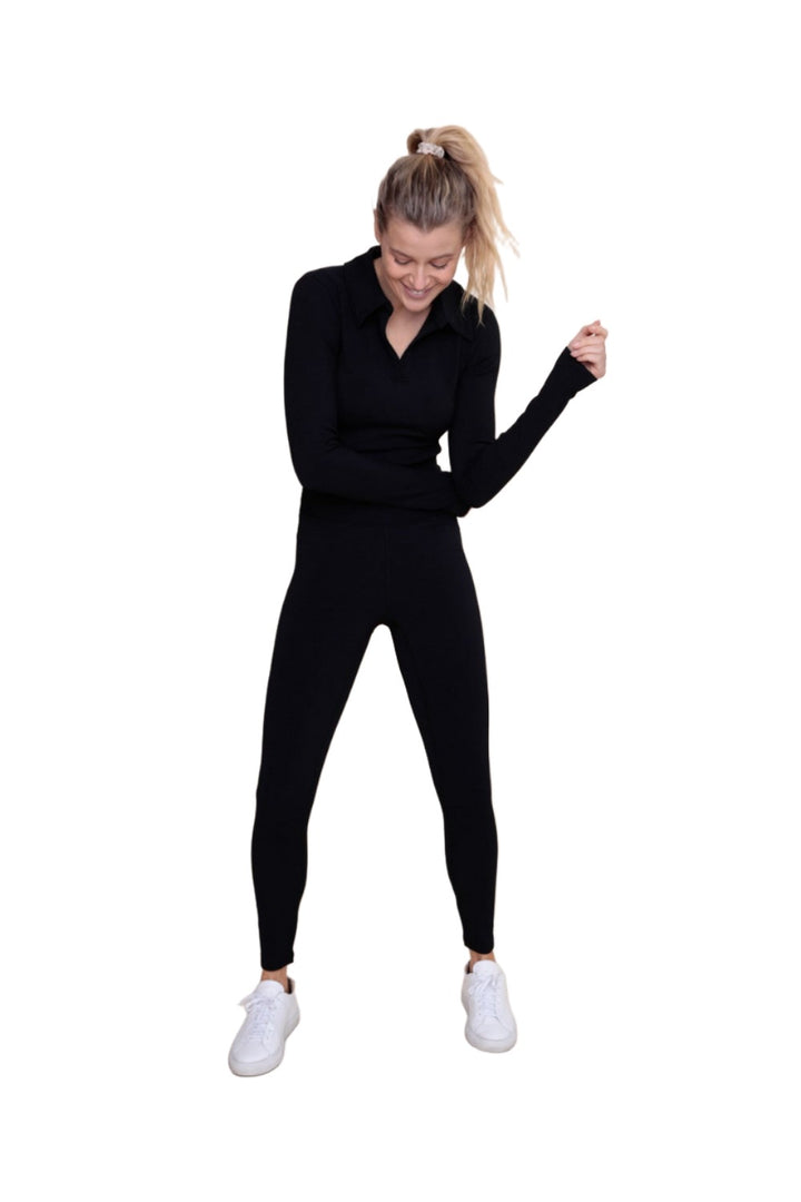 Mono B Rib Crop Polo Long Sleeve AT-A08156 - Black - Front Full View