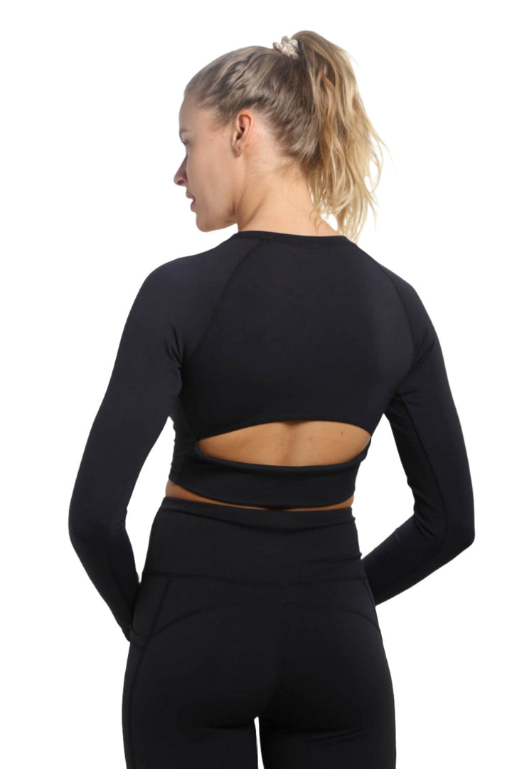 Mono B Newport Cutout Back Long-Sleeve Crop Top AT-A0840 - Black - Back View