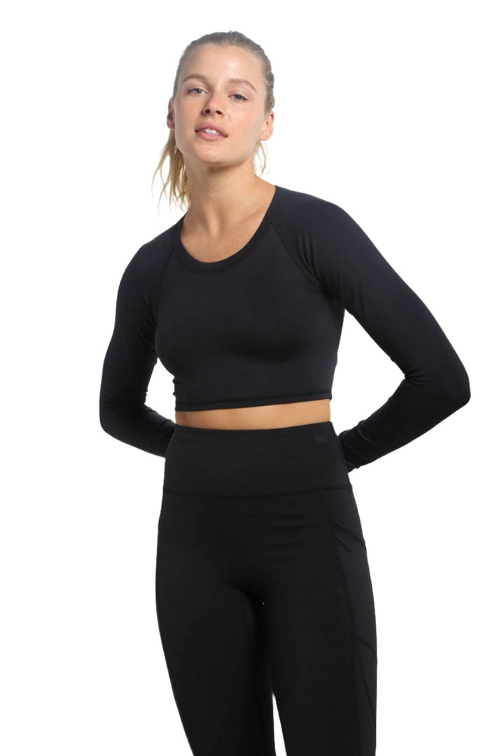 Mono B Newport Cutout Back Long-Sleeve Crop Top AT-A0840 - Black - Front View