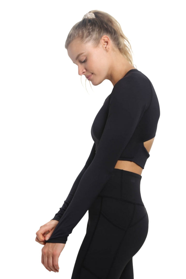 Mono B Newport Cutout Back Long-Sleeve Crop Top AT-A0840 - Black - Side View