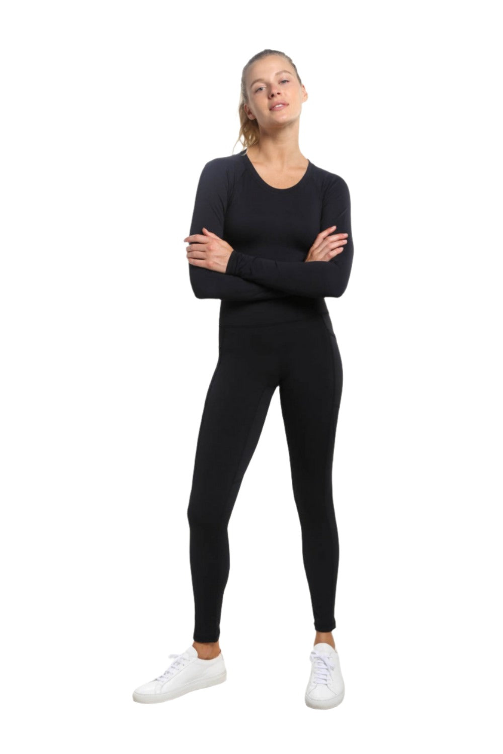 Mono B Newport Cutout Back Long-Sleeve Crop Top AT-A0840 - Black - Front Full View