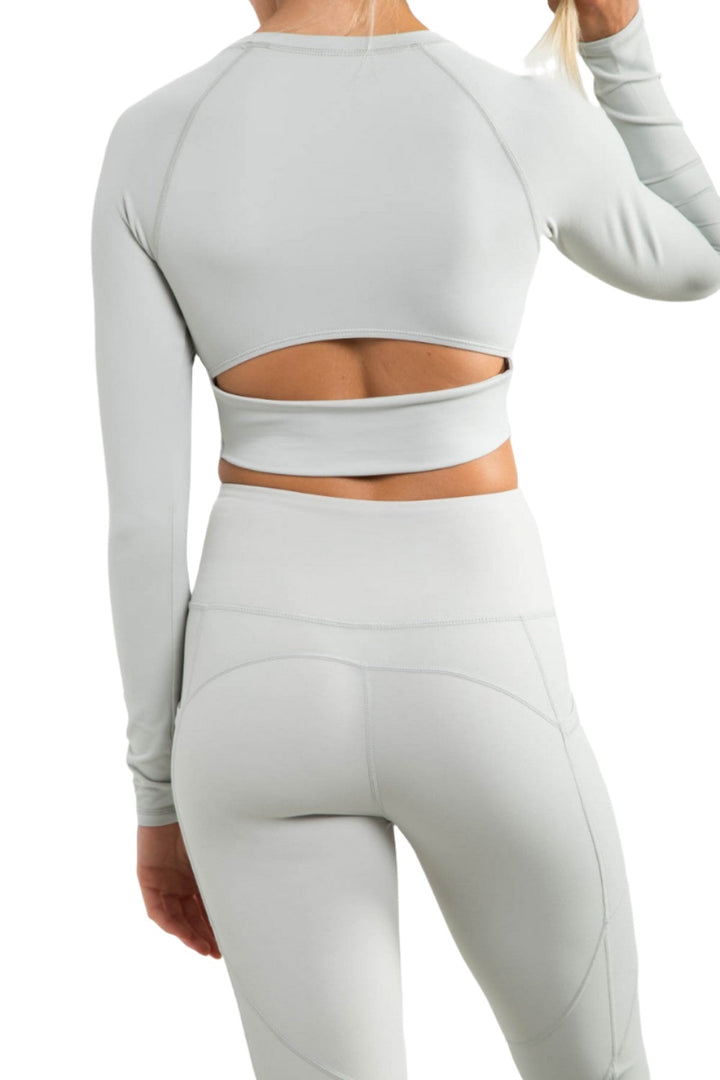 Mono B Newport Cutout Back Long-Sleeve Crop Top AT-A0840 - Mist - Back View