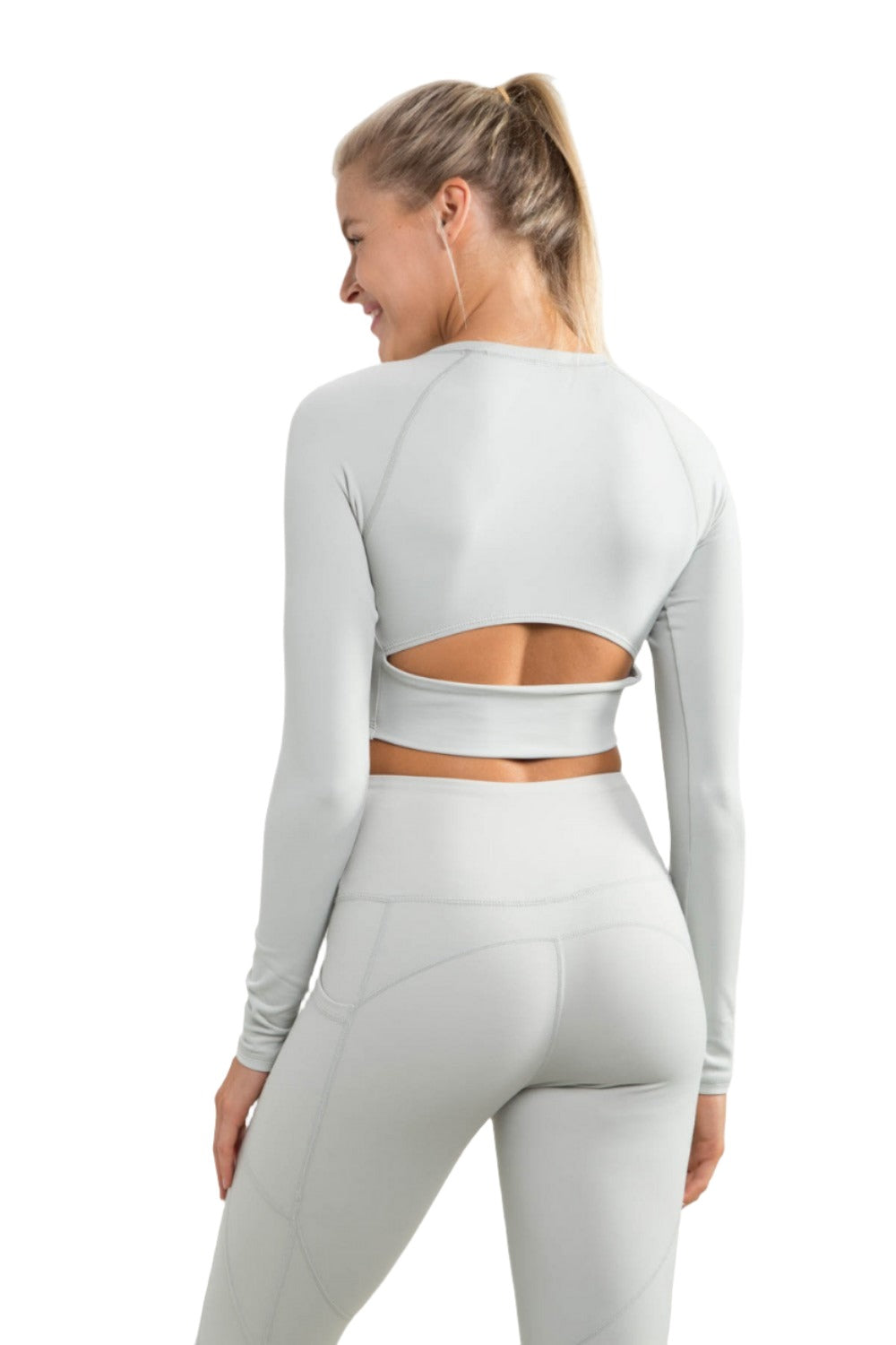 Mono B Newport Cutout Back Long-Sleeve Crop Top AT-A0840 - Mist - Back View
