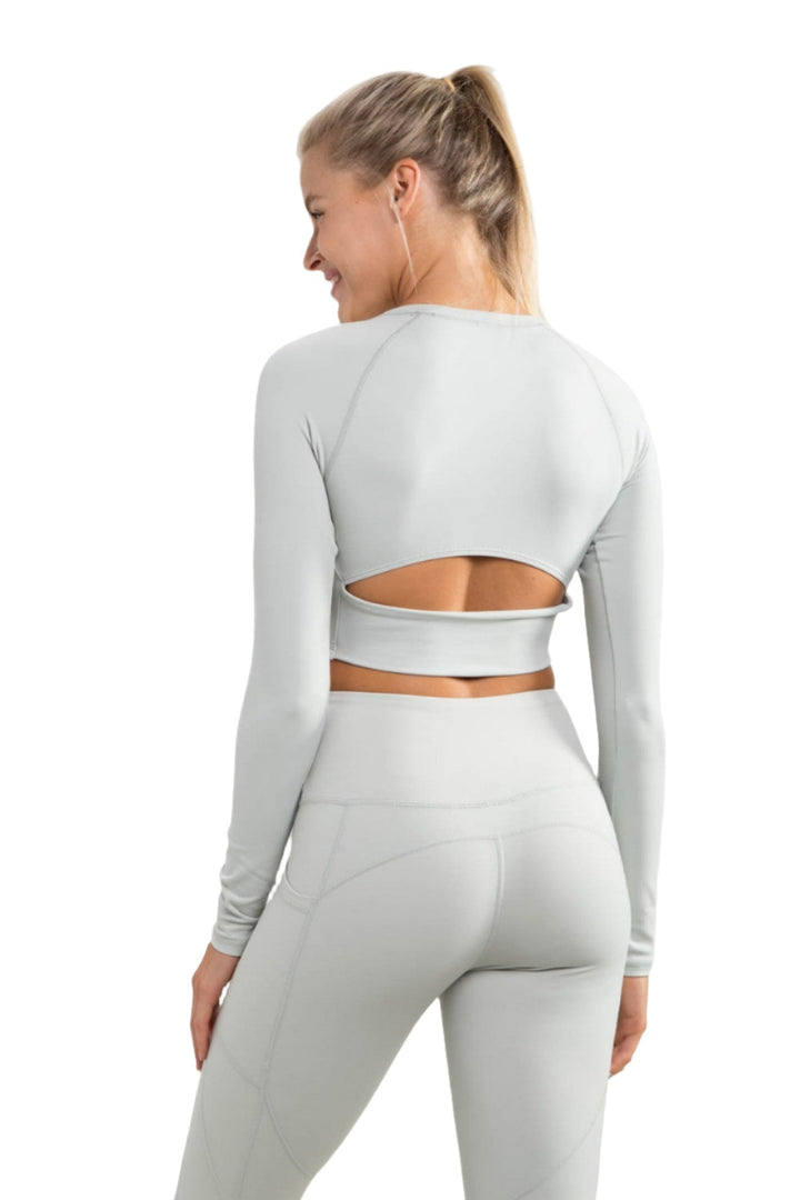 Mono B Newport Cutout Back Long-Sleeve Crop Top AT-A0840 - Mist - Back View