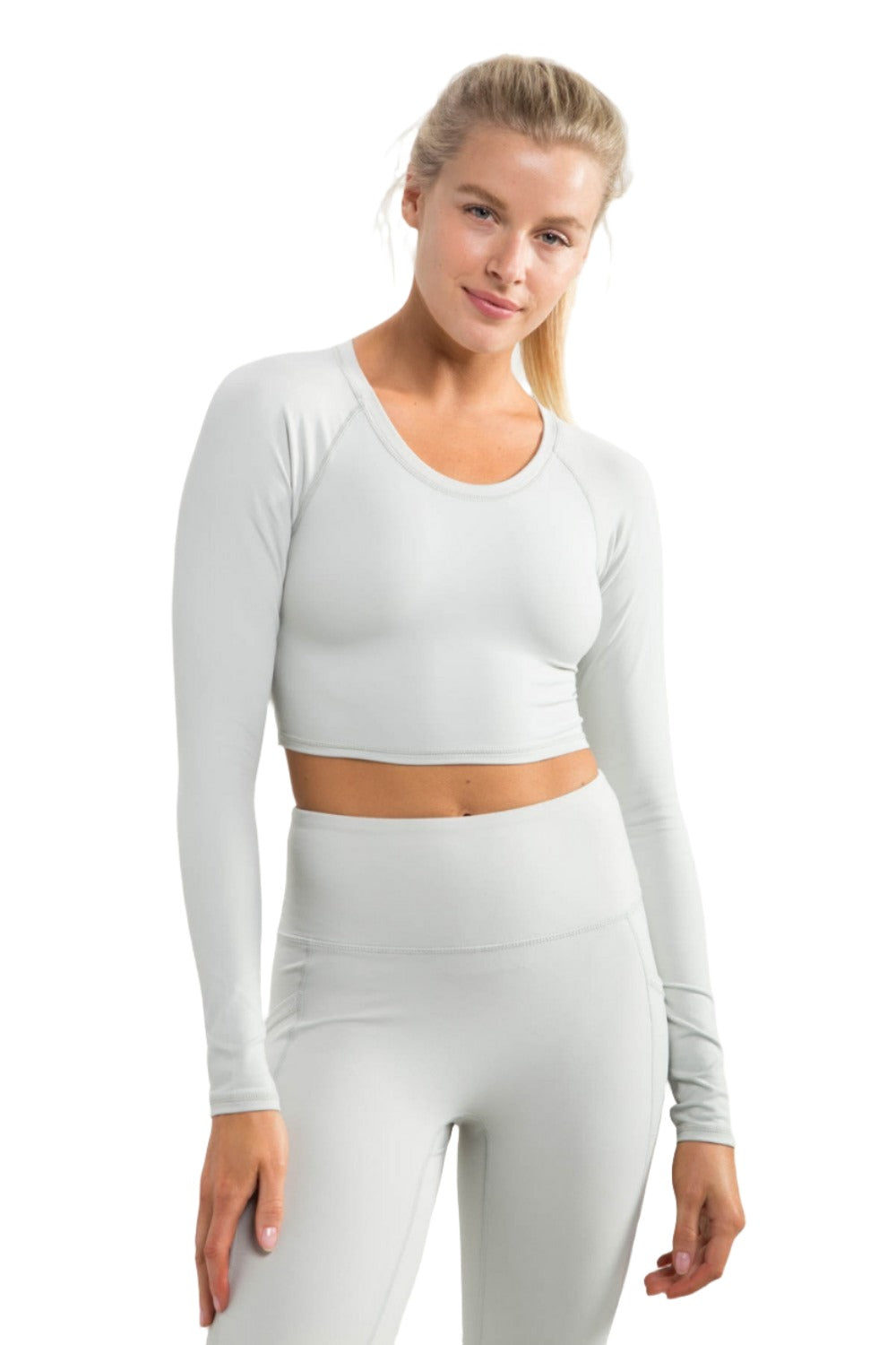 Mono B Newport Cutout Back Long-Sleeve Crop Top AT-A0840 - Mist - Front View