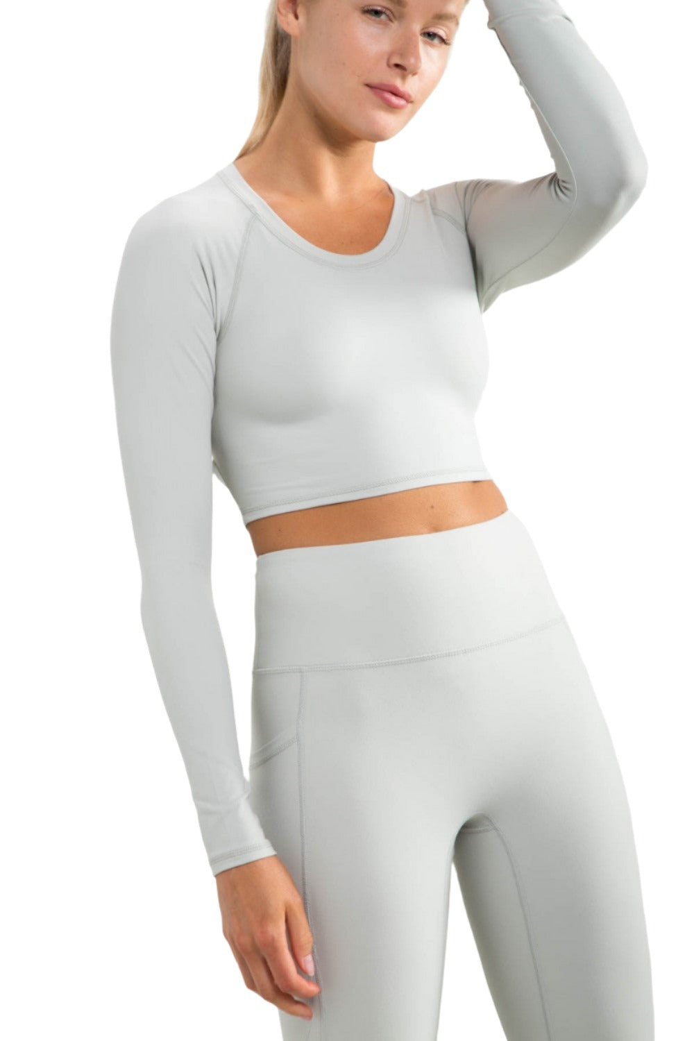 Mono B Newport Cutout Back Long-Sleeve Crop Top AT-A0840 - Mist - Side View