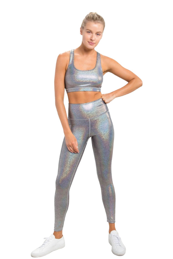 Mono B Holographic Glitter High-Waisted Leggings APH-A0868 - Black/Silver - Front Full View