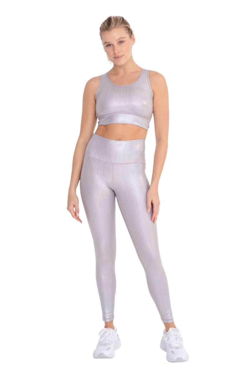 Mono B Iridescent Holo Foil High-Waisted Leggings APH-A0870 and Plus - Silver Foil - Front Full View