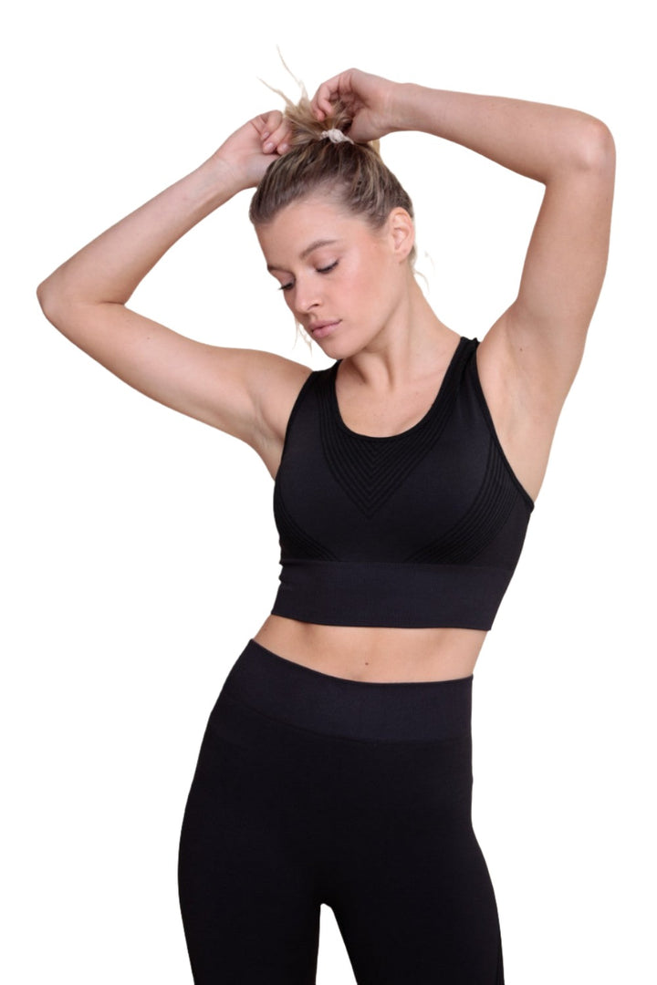 Mono B Seamless Striped Racer Back Bra Top AT-A0890 - Charcoal - Front View