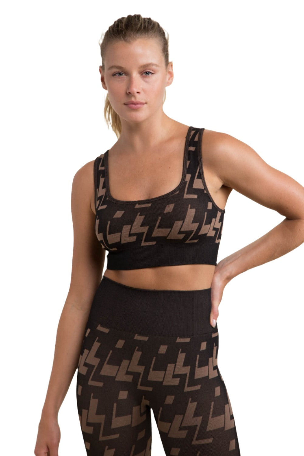Mono B Seamless Geo Active Bra Top AT-A09100 - Brown - Front View
