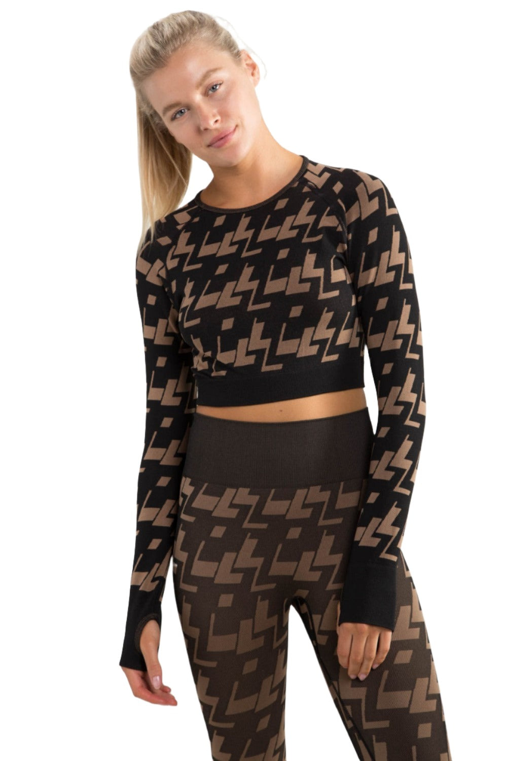 Mono B Seamless Geo Active L/S Top AT-A09102 - Brown - Front View