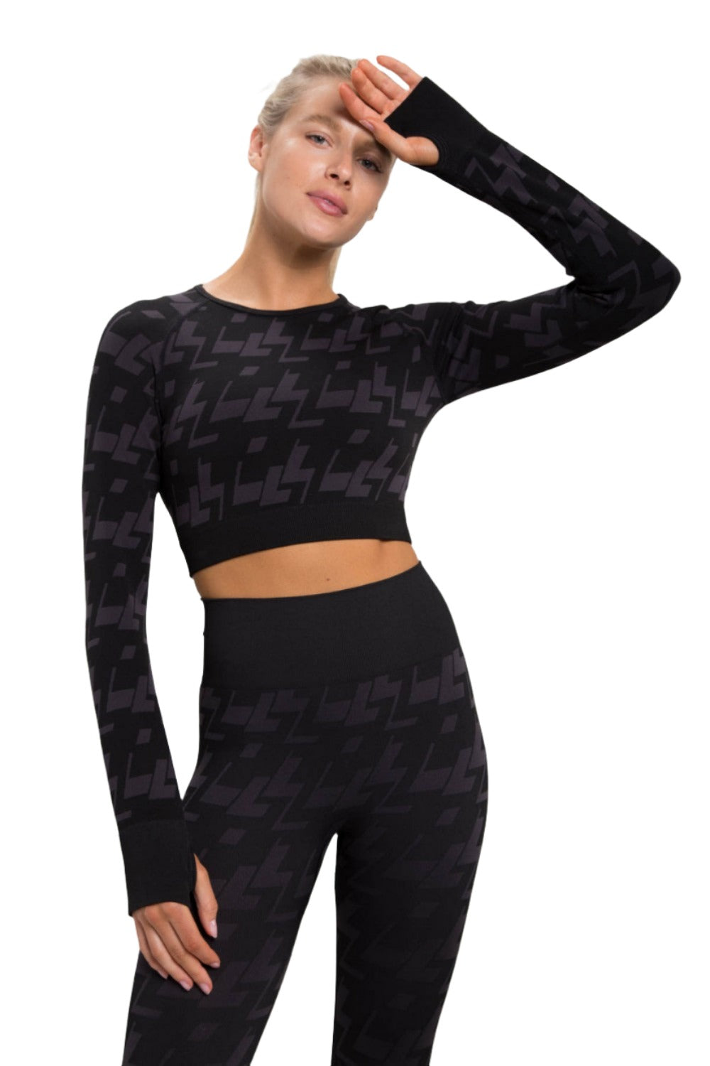 Mono B Seamless Geo Active L/S Top AT-A09102 - Charcoal - Front View3