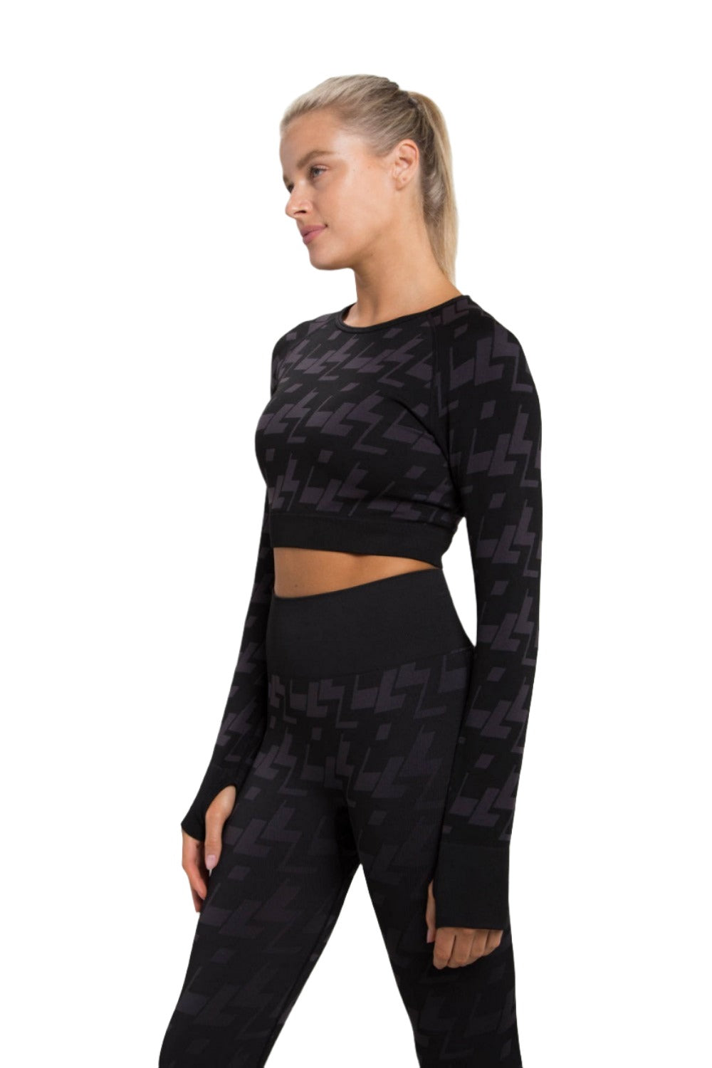 Mono B Seamless Geo Active L/S Top AT-A09102 - Charcoal - Side View