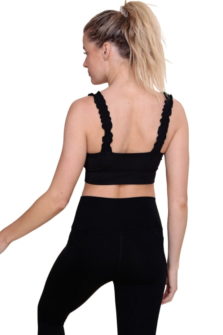 Mono B Crop Ruffle Strap Sport Bra Top AT-A1216 - Black - Back View