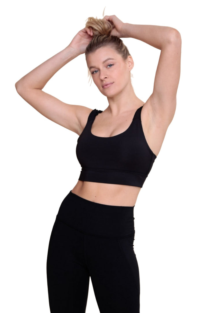 Mono B Crop Ruffle Strap Sport Bra Top AT-A1216 - Black - Front View