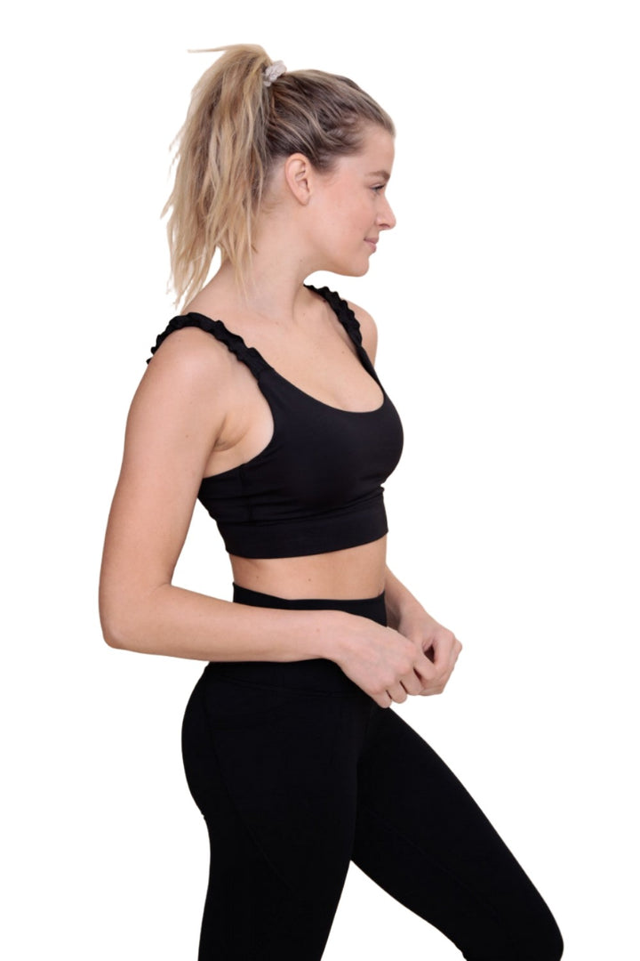 Mono B Crop Ruffle Strap Sport Bra Top AT-A1216 - Black - Side View