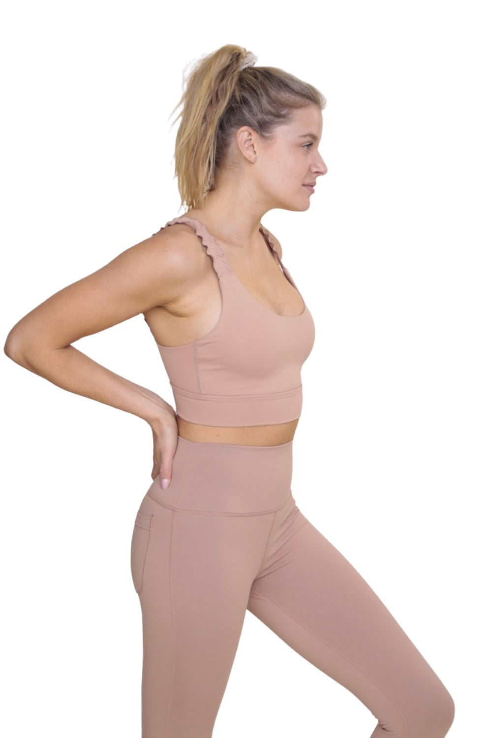 Mono B Crop Ruffle Strap Sport Bra Top AT-A1216 - Mud - Side View