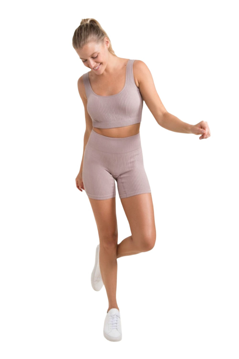 Mono B Ribbed Seamless High-Waisted Shorts APH-A1236 - Iris - Front Full View