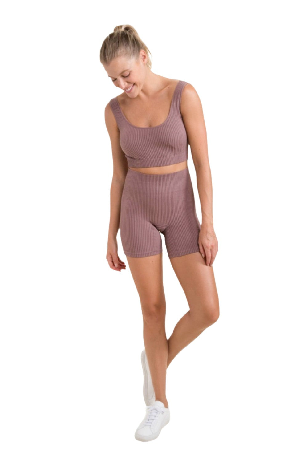 Mono B Ribbed Seamless High-Waisted Shorts APH-A1236 - Mauve - Front Full View