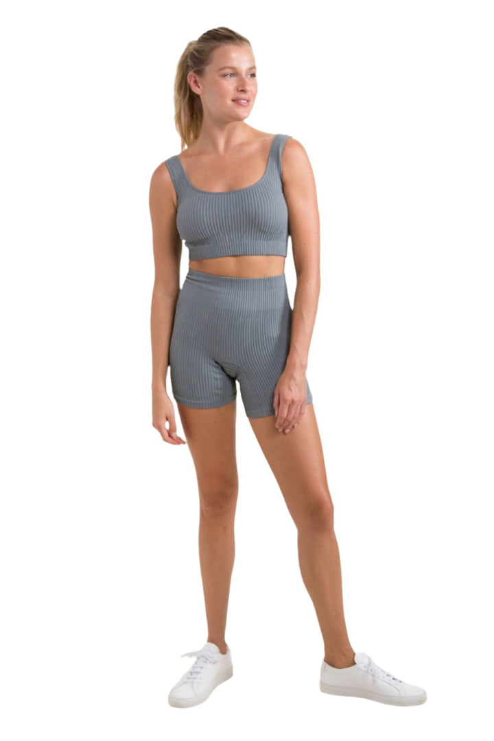 Mono B Ribbed Seamless High-Waisted Shorts APH-A1236 - Sea - Front Full View