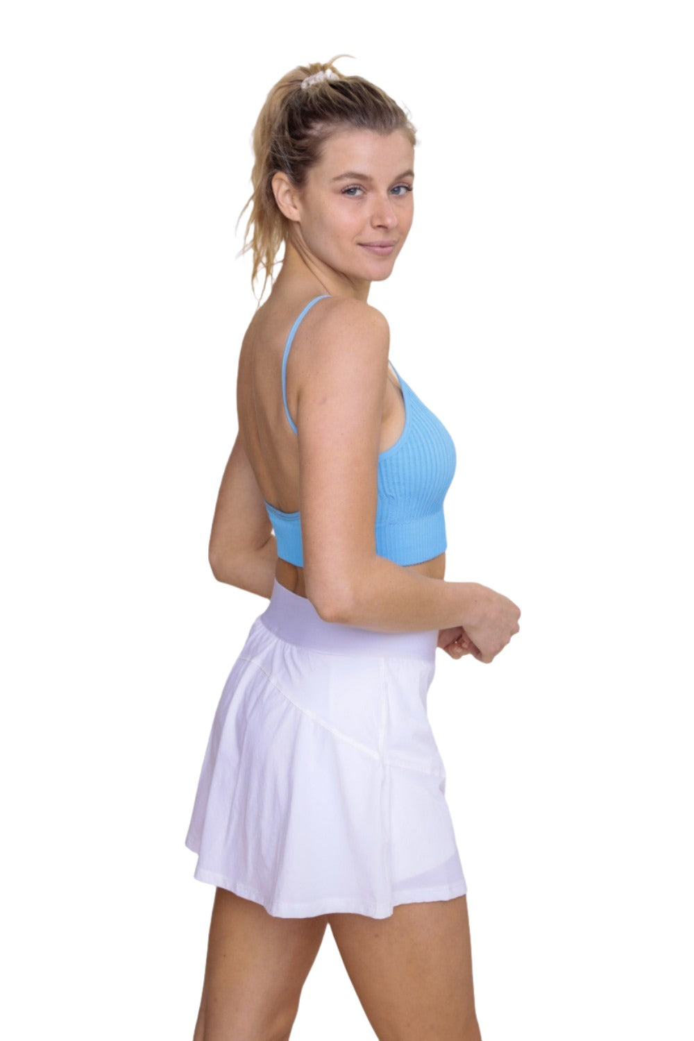 Mono B V Front Seamless Textured Tank AT-A1274 - Blue - Side View