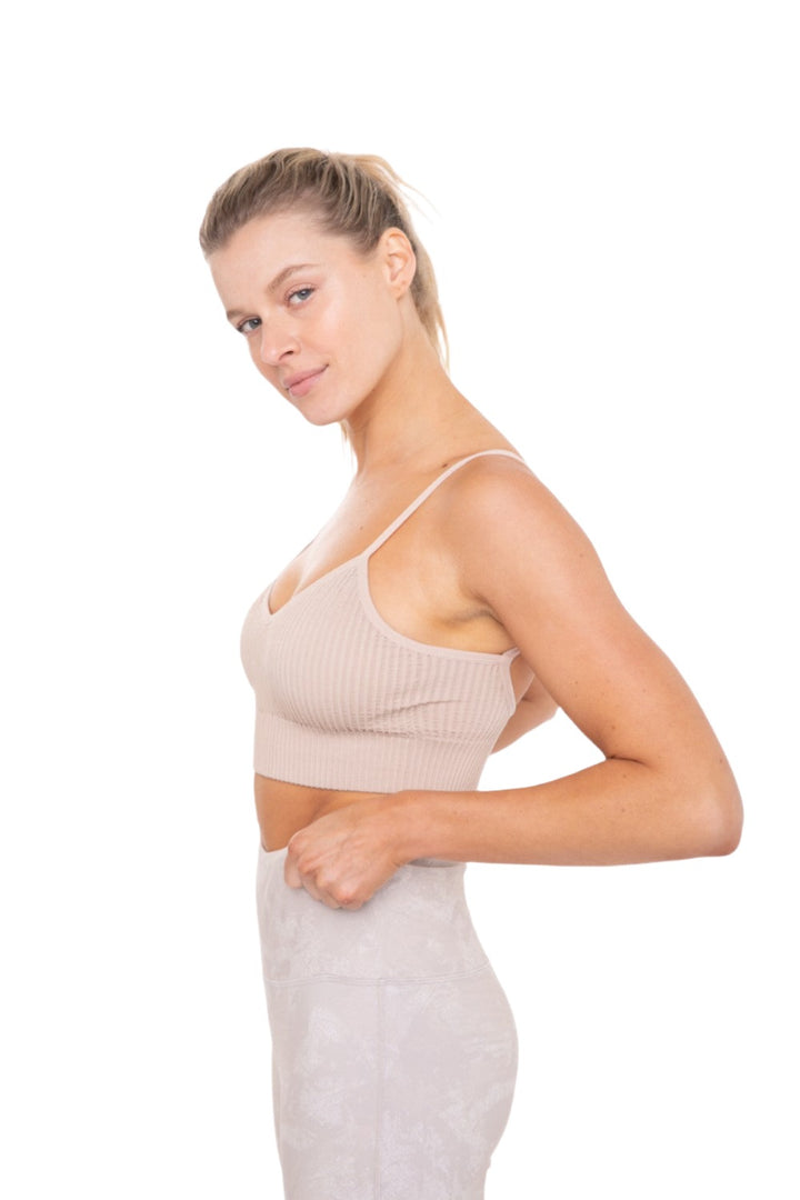 Mono B V Front Seamless Textured Tank AT-A1274 - Tan - Side View