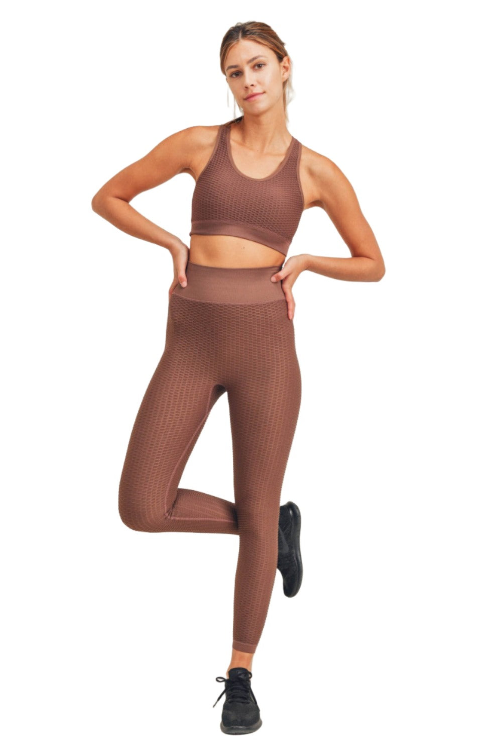 Mono B Jacquard & Ribbed Seamless High-Waisted Leggings APH-A7116 - Bark - Front Full View